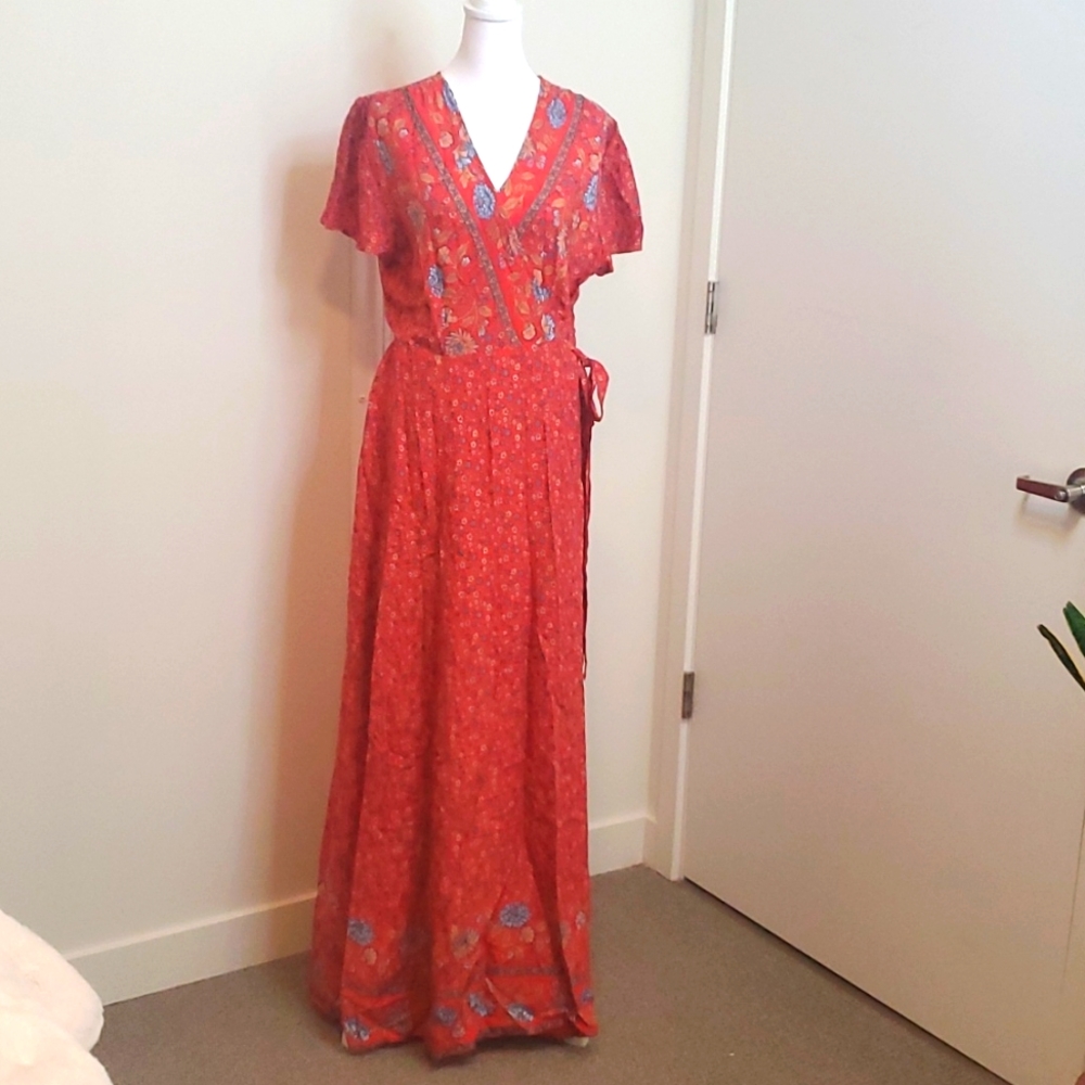 Aakaa Orange and blue flowers Wrap Maxi Dress (NWT)